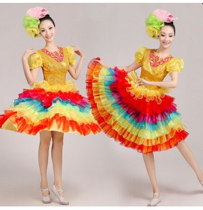 Rainbow colored flamenco gold sequins expansion skirts women's ladies female cos play performance modern dance dresses outfits costumes